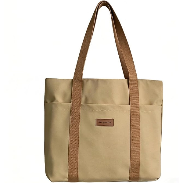 Women’s Canvas Bag, Large Tote Bag, Shopper with Zip and 16 Inch Laptop Compartment, Waterproof Cotton Fabric Bag for Work, Office, University, Shopping and Travel, Khaki Bag